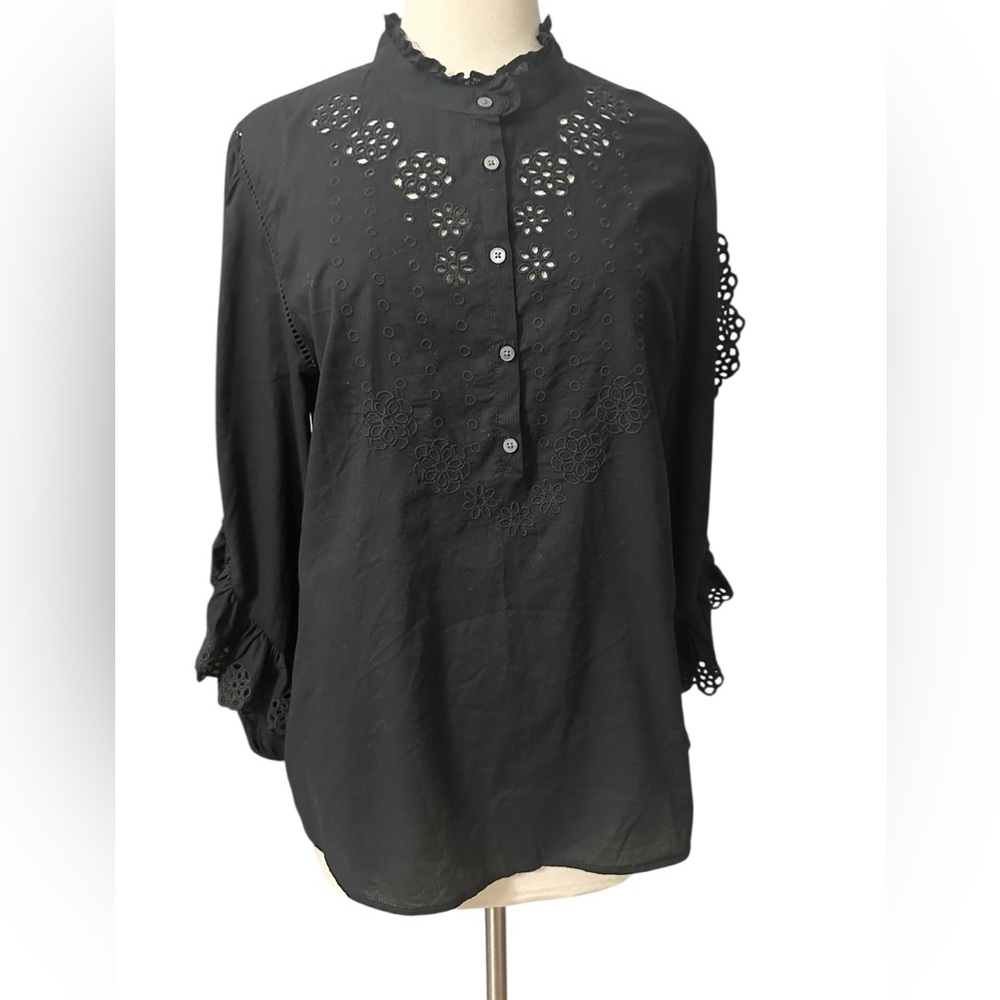 J. CREW Ruffle Sleeve  Cotton Top Blouse Embroidered Eyelet Black Large